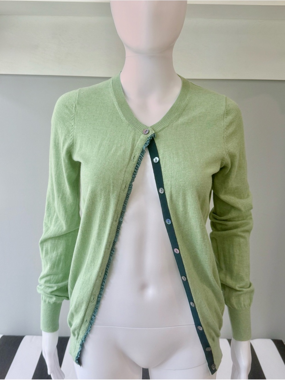 Banana Republic Green Cashmere Blend Cardigan Teal Placket & Ruffle Trim-Tall M